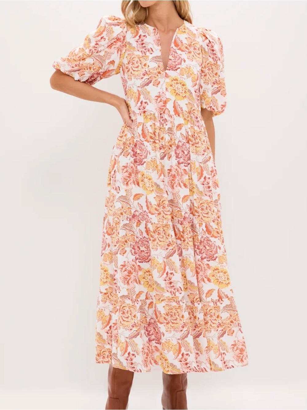 Hyacinth House Floral Puff-Sleeve Maxi Dress in Yellow & Rust